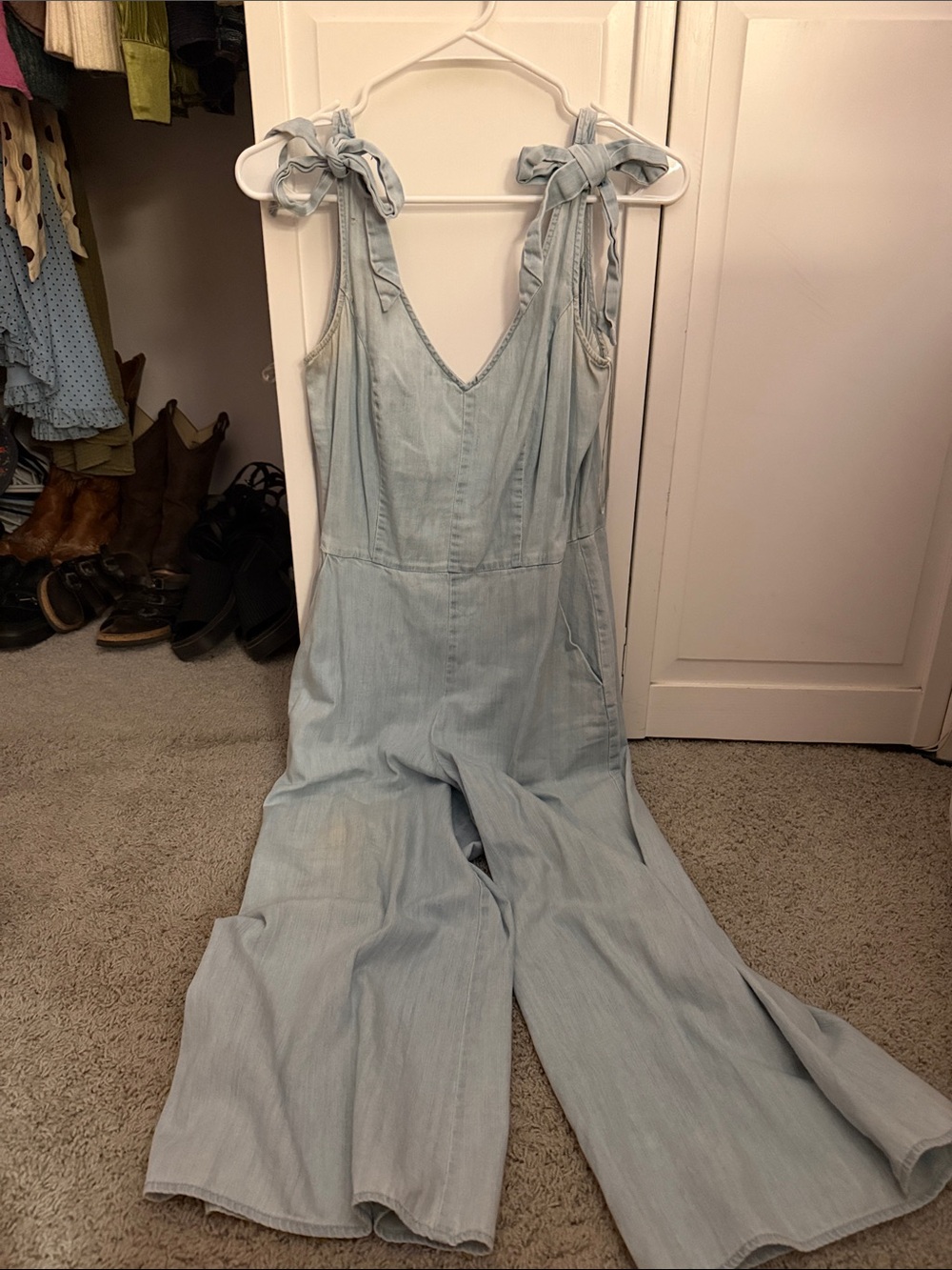 CeCe Light Blue Tie-Shoulder Denim Overalls